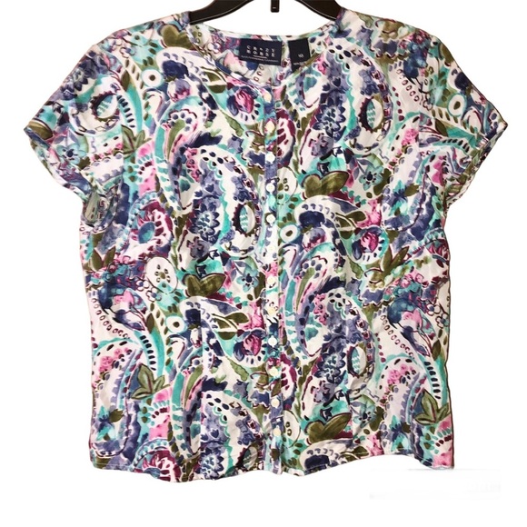 Liz Claiborne Crazy Horse 100% Silk Floral Paisley Button Front Blouse Blue‎ 10 - Picture 1 of 3
